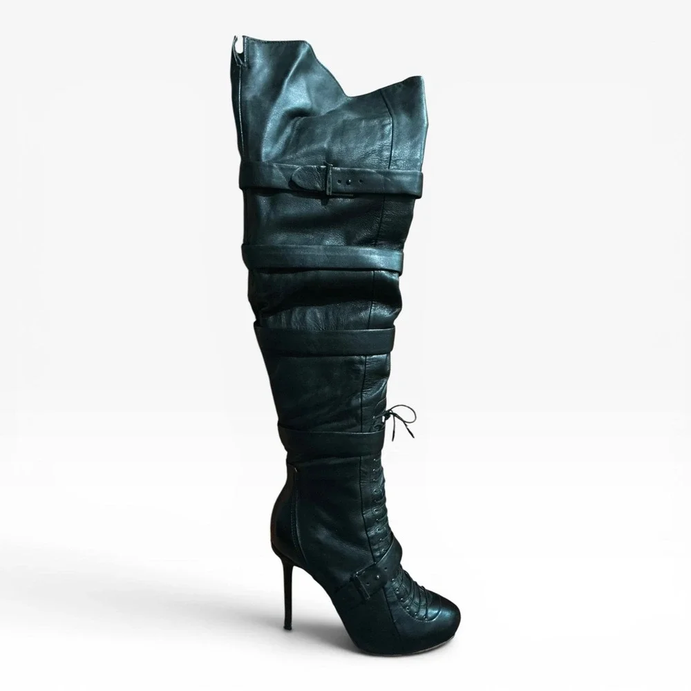L.A.M.B. Glamette Leather Gwen Stefani OTK Platform Stiletto Boots BLK 7.5 Rare